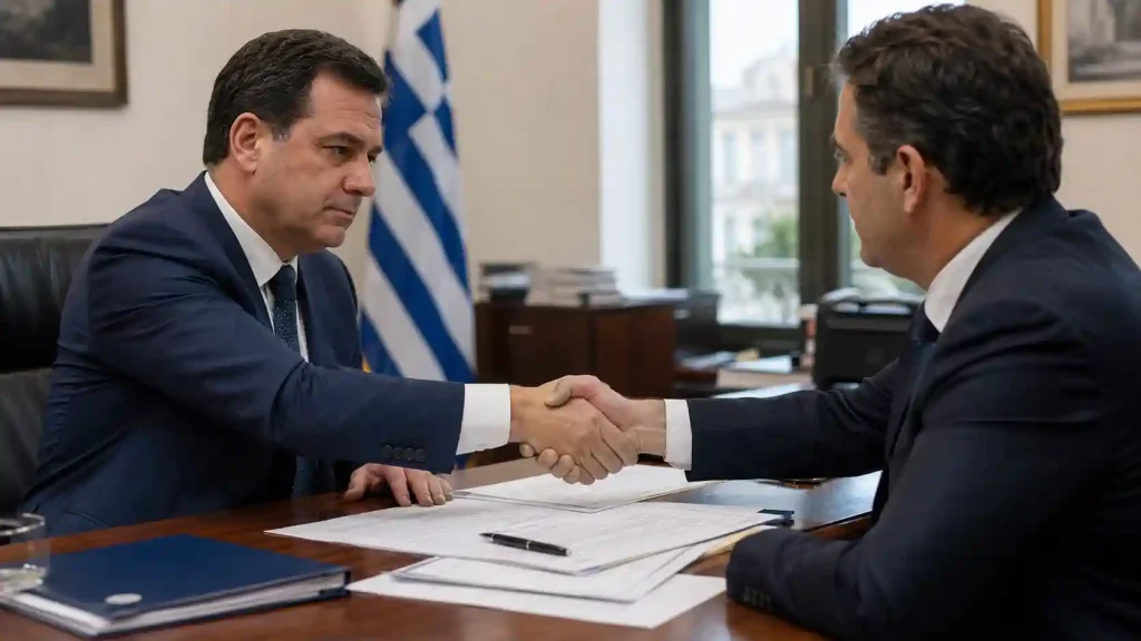 Δύο άνδρες με κοστούμια δίνουν χειραψία πάνω από έγγραφα σύμβασης σε επίσημο γραφείο