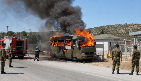 Στρατιωτικό όχημα στις φλόγες στη Μυτιλήνη