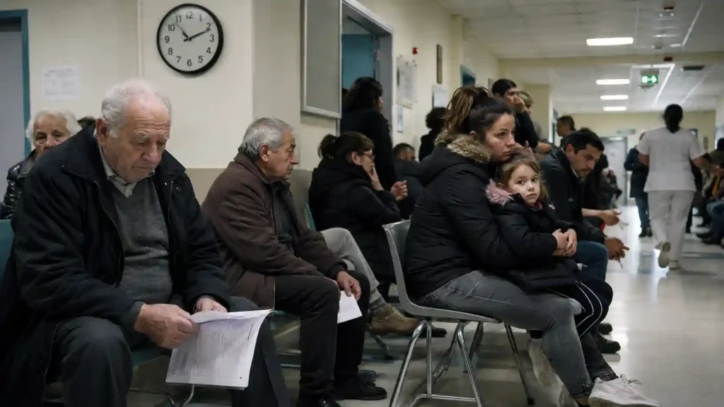 Ασθενείς περιμένουν σε αίθουσα αναμονής δημόσιου νοσοκομείου, με ηλικιωμένο άνδρα και μητέρα με παιδί σε πρώτο πλάνο