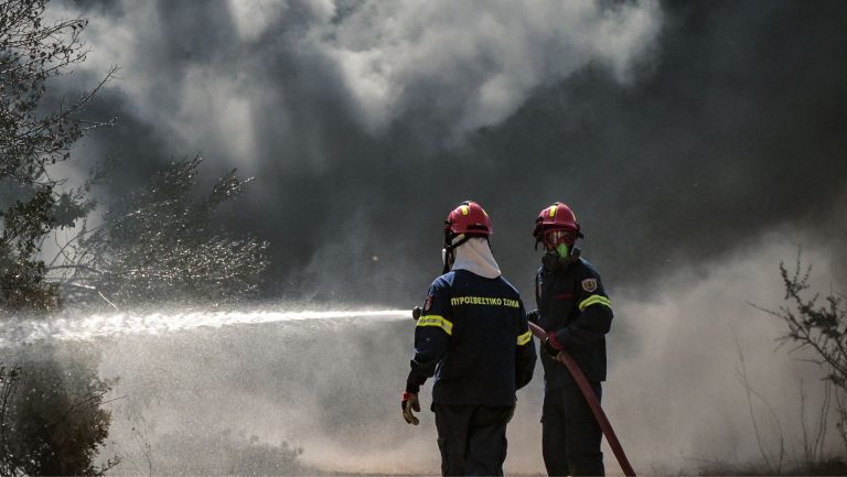 Πυροσβέστες επιχειρούν στην περιοχή του Χαϊδάρι όπου ξέσπασε πυρκαγιά.
