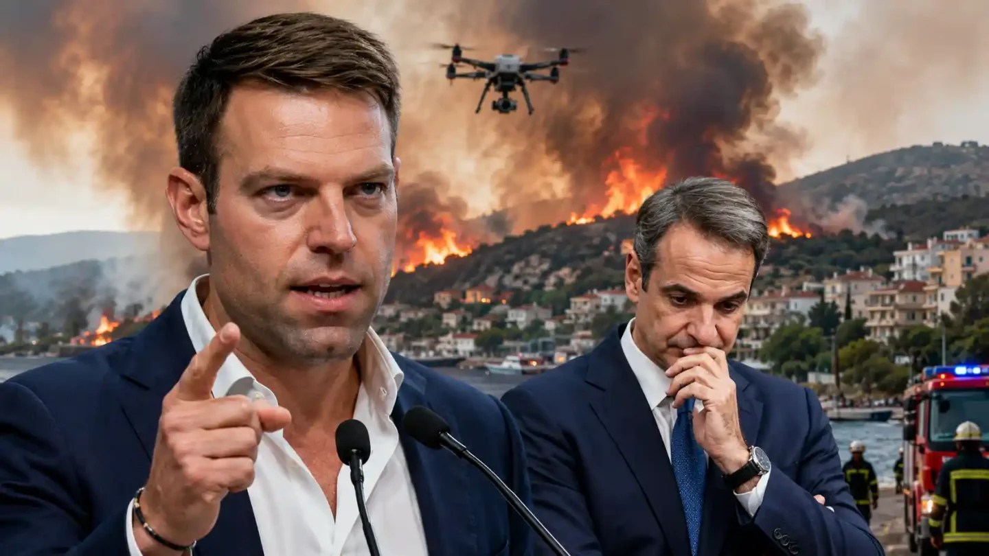 Στέφανος Κασσελάκης και Κυριάκος Μητσοτάκης με φόντο τη φωτιά στη Σαλαμίνα και drone επιτήρησης
