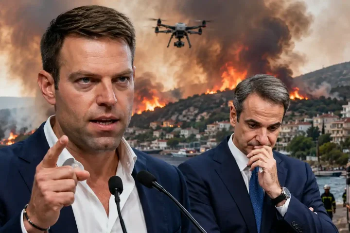 Στέφανος Κασσελάκης και Κυριάκος Μητσοτάκης με φόντο τη φωτιά στη Σαλαμίνα και drone επιτήρησης