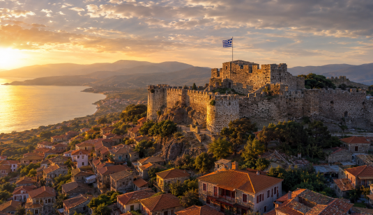 Η ελληνική σημαία κυματίζει στο Κάστρο της Μήθυμνας με φόντο το Αιγαίο.