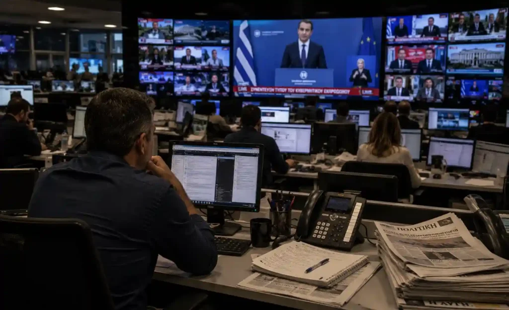 Δημοσιογραφική αίθουσα σύνταξης με οθόνες που μεταδίδουν κυβερνητική συνέντευξη Τύπου