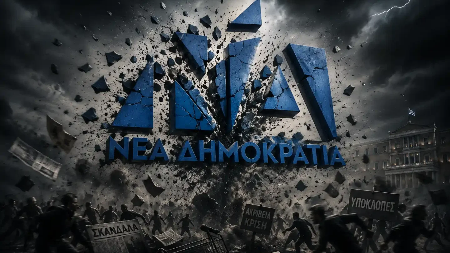 Σπασμένο λογότυπο της Νέας Δημοκρατίας μέσα σε συμβολική σκηνή πολιτικής και κοινωνικής αναταραχής