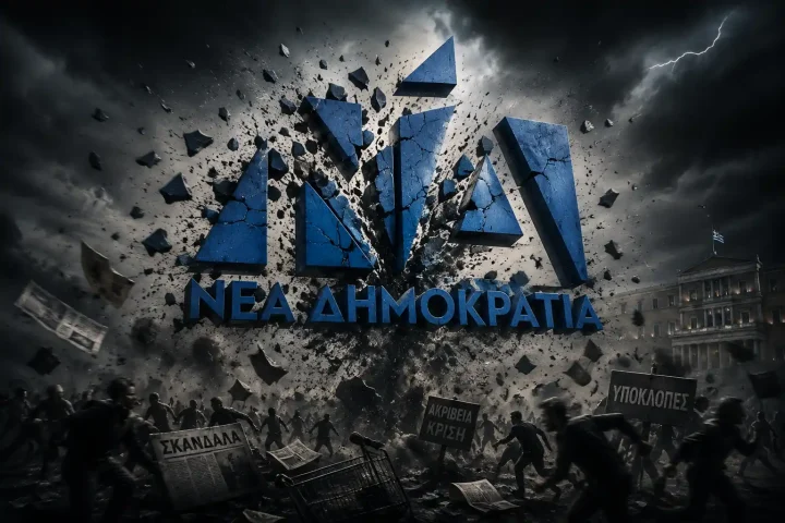 Σπασμένο λογότυπο της Νέας Δημοκρατίας μέσα σε συμβολική σκηνή πολιτικής και κοινωνικής αναταραχής